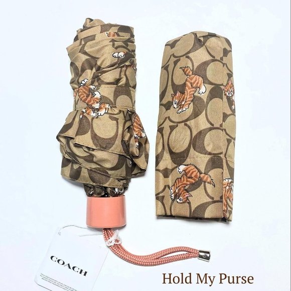 Coach Dancing Kittens Print Cat Tote Bag Mini Compact UV Protection Umbrella NWT - Picture 1 of 10